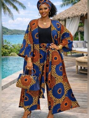 Camouflage African Print Kimono Duster Palazzo Pant Set:  Belt & Headwrap